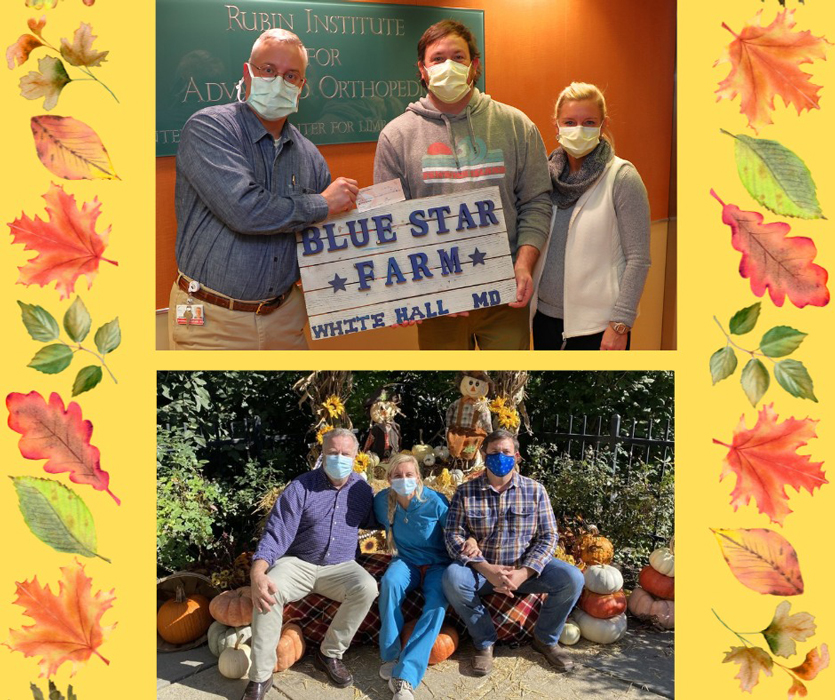 Dr. Shawn Standard with Carrie and Kevin Ford holding a sign for Blue Star Farm in White Hall, Maryland
