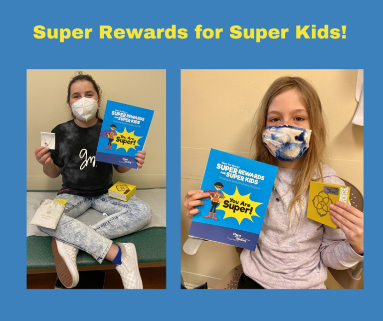 Photos of two girls holding up the Super Rewards for Super Kids guide and the Kendra Scott jewelry they chose as their prizes