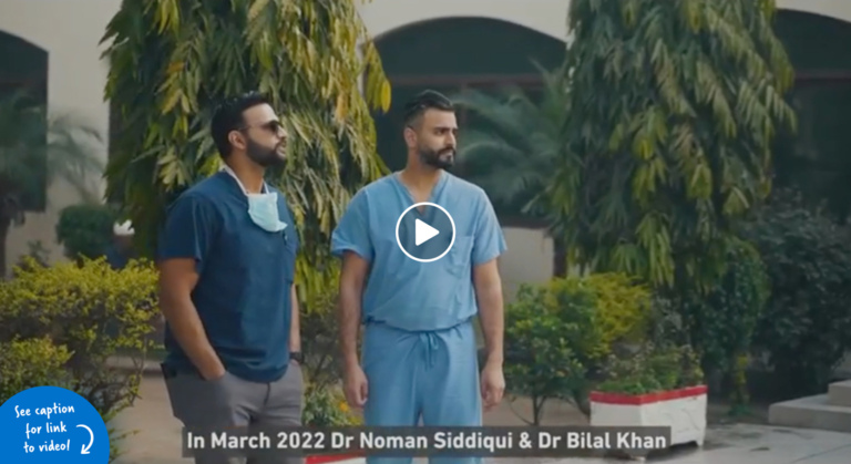 Dr. Noman Siddiqui and Dr. Bilal Khan standing outside the hospital in Pakistan