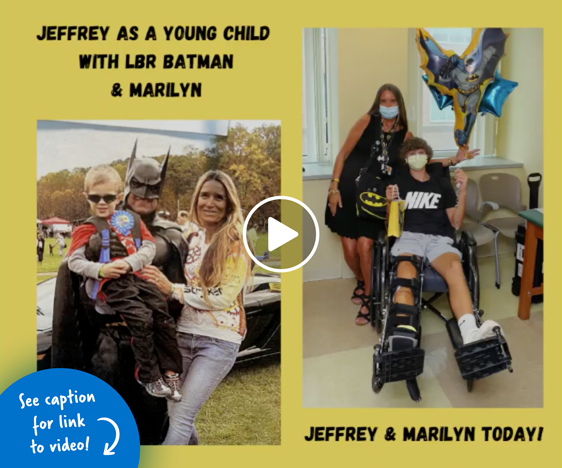 Photo of Jeffrey as a very young boy being held by man dressed as Batman with Pediatric Liaison Marilyn Richardson and a picture of Marilyn and Jeffrey as a teenager with a Batman balloon