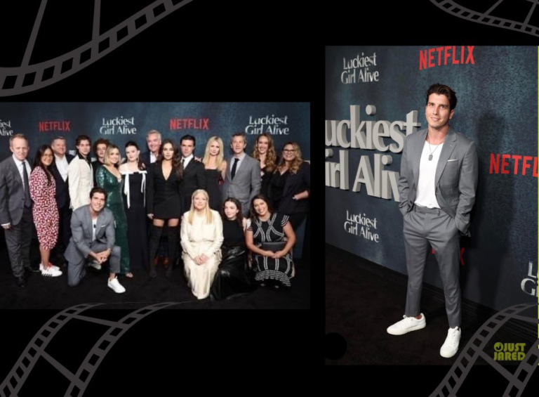 Alex with the cast of "Luckiest Girl Alive" and a photo of him standing in front of a backdrop with the film title