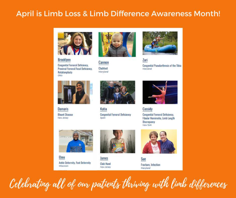 A block of nine patient photos under the heading April is Limb Loss & Limb Difference Awareness Month. Below the pictures it reads, Celebrating all our patients thriving with limb differences.