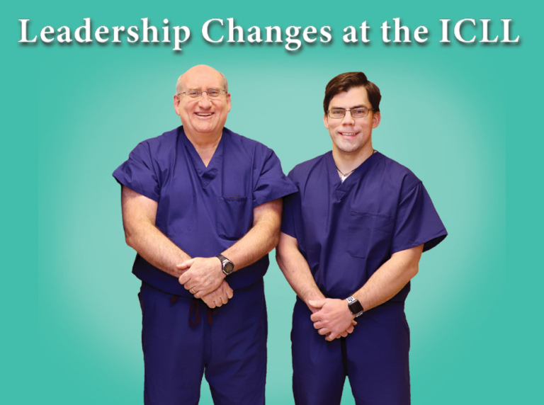 Dr. Herzenberg and Dr. McClure standing together in scrubs under the heading Leadership Changes at the ICLL