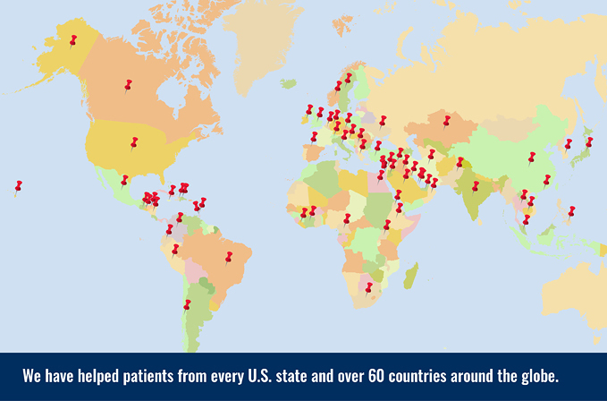 Pins in a world map showing the countries represented by patients of the International Center for Limb Lengthening