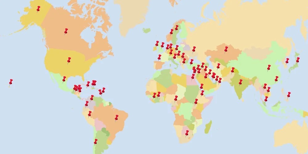 Pins in a world map showing the countries represented by patients of the International Center for Limb Lengthening
