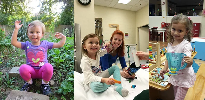 Three pictures of a young girl; the first is before treatment when she is squatting outside with her arms raised and her club hand is evident; the second is her smiling while holding out her arm in an external fixator in a physical therapy room with her mother, and the third shows her smiling holding a toy pitcher using her corrected hand after treatment.