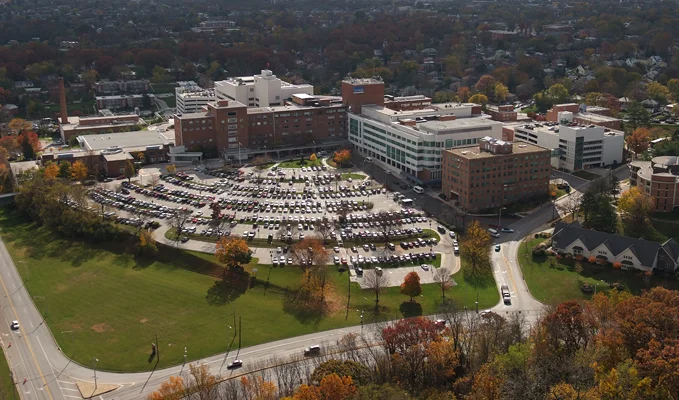 Aerial view of cars in the parking lot of Sinai Hospital of Baltimore