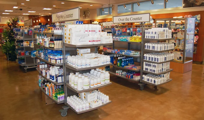 Medication on shelves inside Sinai Hospital's pharmacy