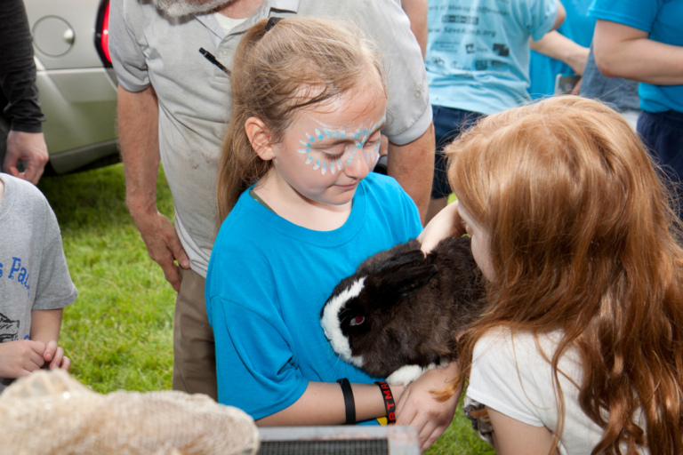 A young girl patient holding the petting zoo rabbit