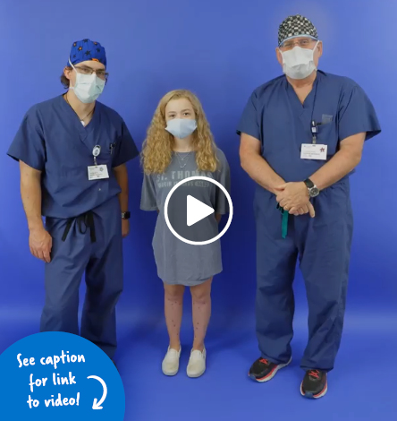 Bridget standing with Dr. McClure and Dr. Herzenberg after treatment for hypophosphatemic rickets