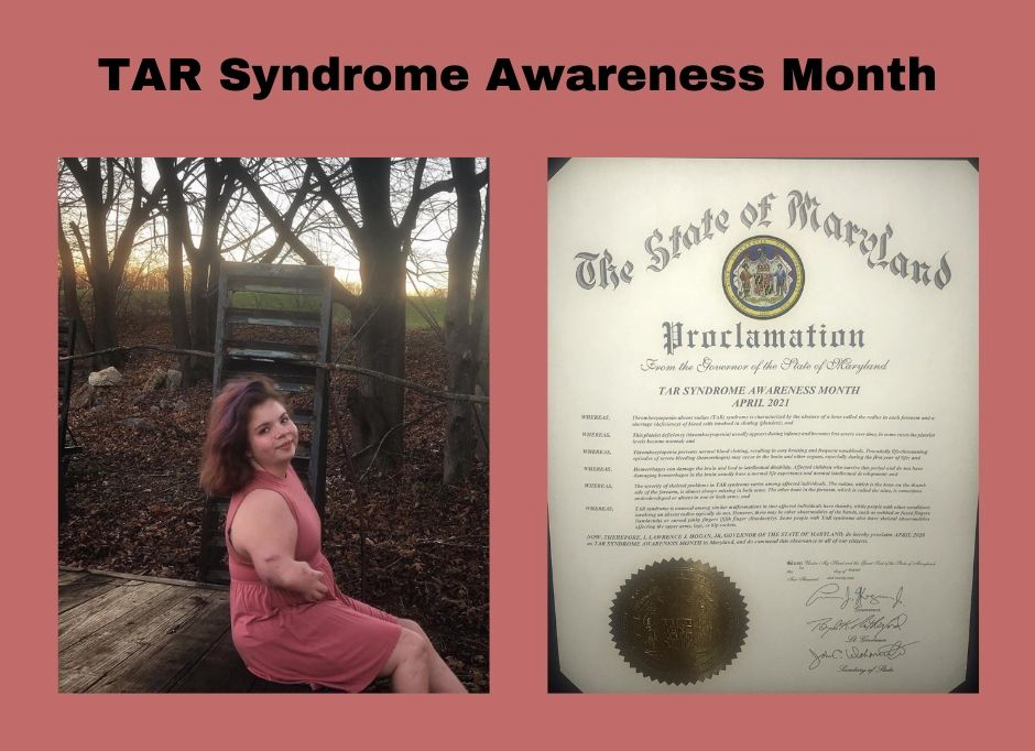 A collage for TAR Syndrome Awareness Month: a photo of Elizabeth and a photo of a State of Maryland Proclamation making April TAR Syndrome Awareness Month.