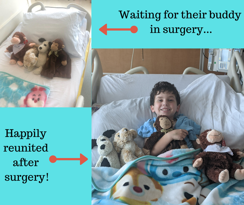 A boy in a hospital bed with his stuffed animals