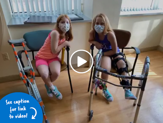 Kilah and Jaelynn in the International Center for Limb Lengthening clinic with crutches and a walker