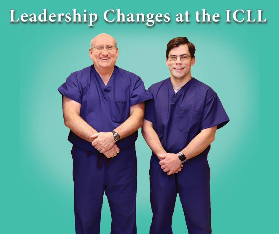 Dr. John Herzeneberg and Dr. Philip McClure standing smiling under the title Leadership Changes at the ICLL