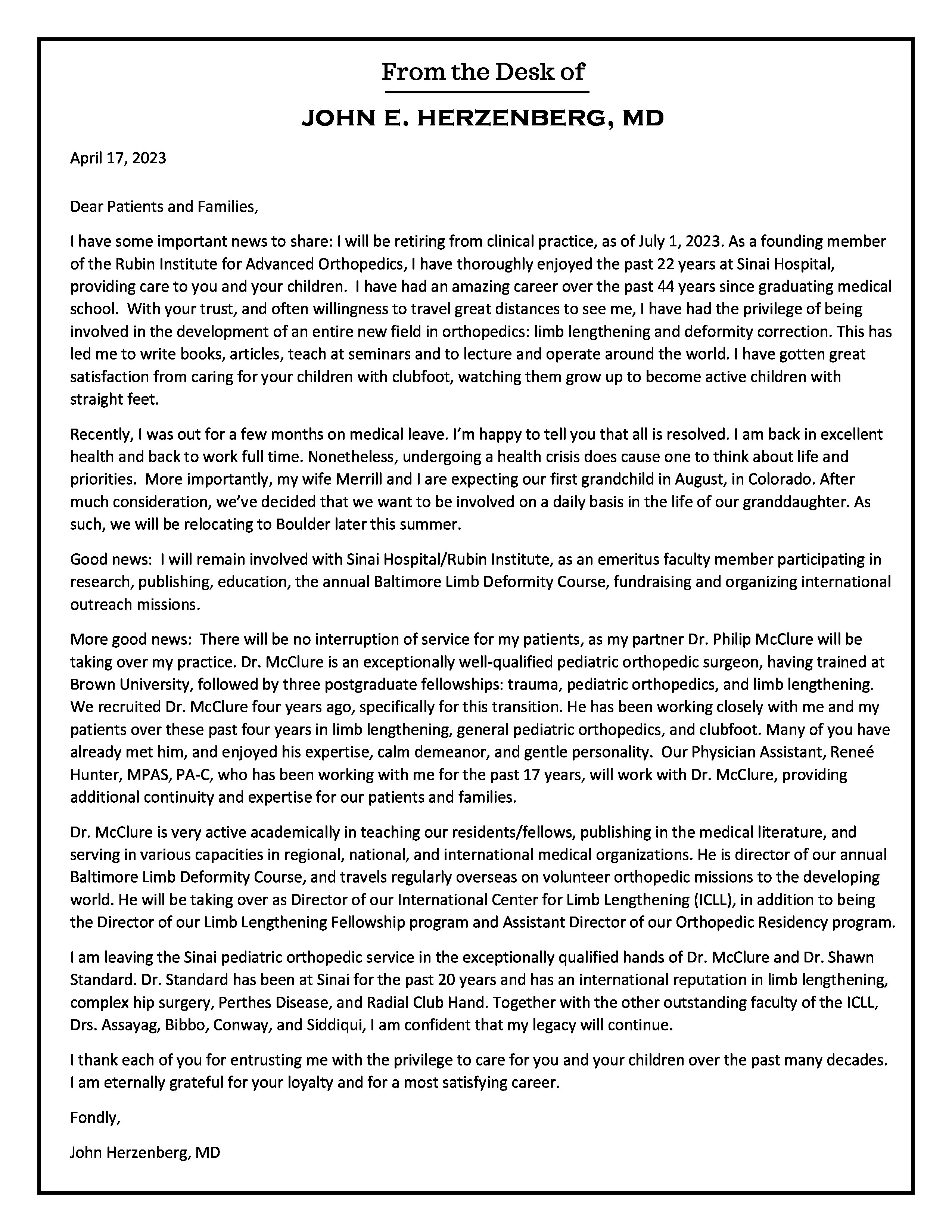 A letter from the desk of Dr. John Herzenberg announcing an International Center for Limb Lengthening leadership transition
