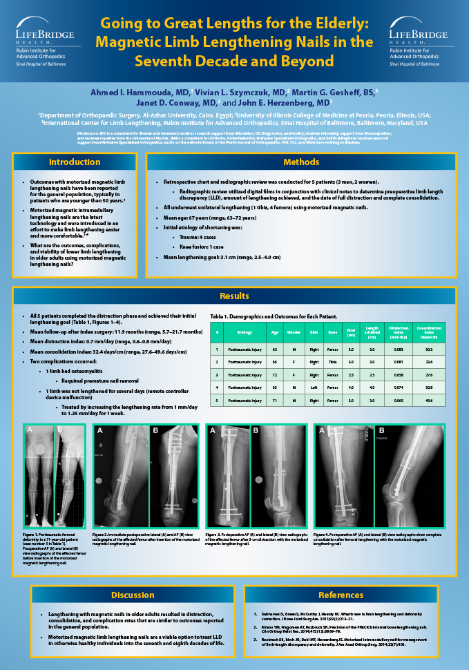 Research poster presented at the ILLRS and ASAMI Congress and 3rd World Ortho ReCon Meeting in Lisbon, Portugal in August/September 2017 - Going to Great Lengths for the Elderly - Motorized Intramedullary Nail Lengthening in the Seventh Decade and Beyond