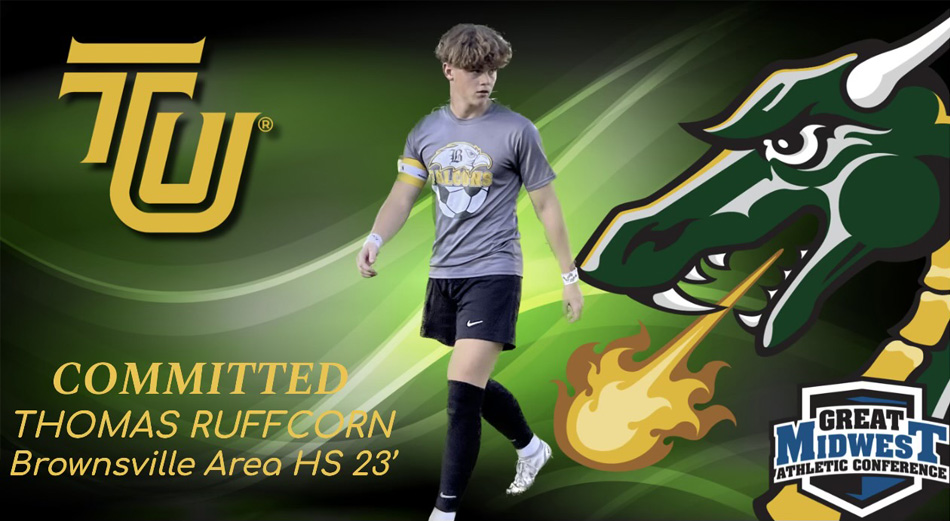 Thomas's college commitment photo for Tiffin University with its dragon mascot