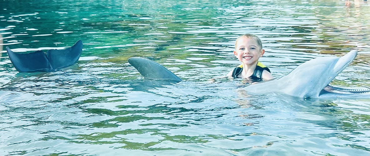 Jackson swimming with a dolphin