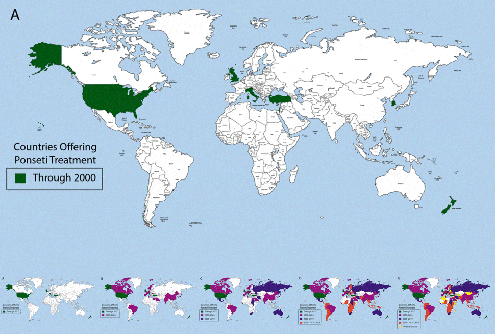Animation of a world map showing the increase in number of countries offering Ponseti Treatment for clubfoot