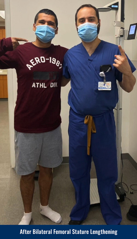 Raz standing next to Dr. Michael Assayag after undergoing bilateral femoral cosmetic leg lengthening, showing he is now three inches taller